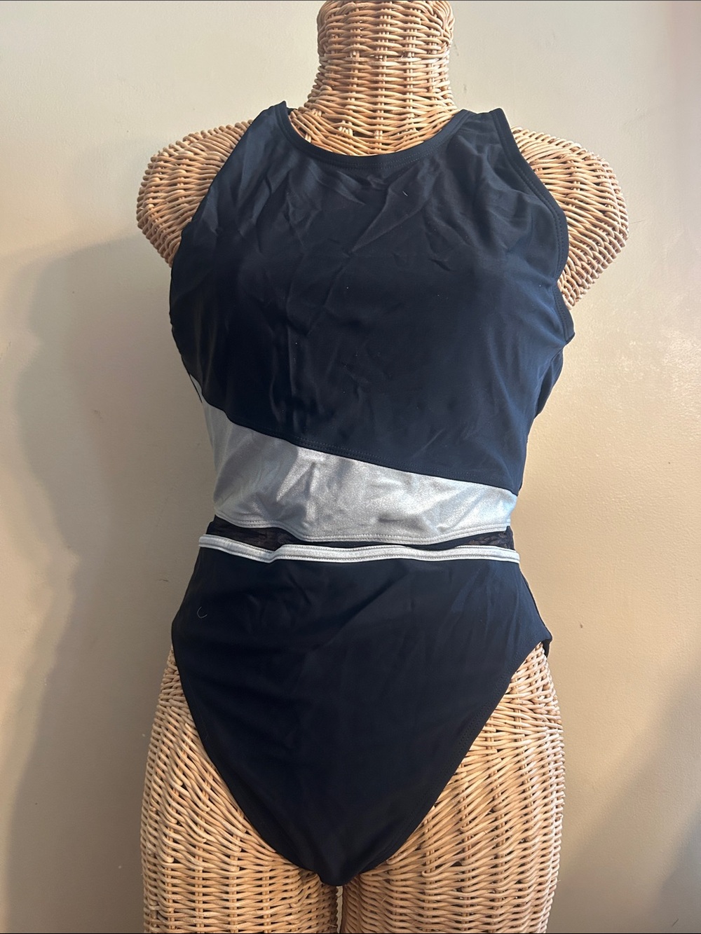 Women's Black and Silver High Neck One-Piece Swimsuit 12